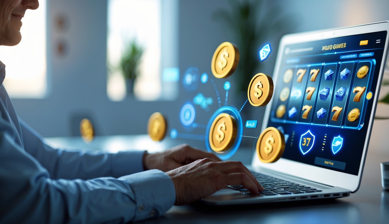 Seorang dewasa menggunakan laptop di meja kerja modern dengan tampilan permainan slot online dan ikon yang menunjukkan deposit cepat dan penarikan aman.