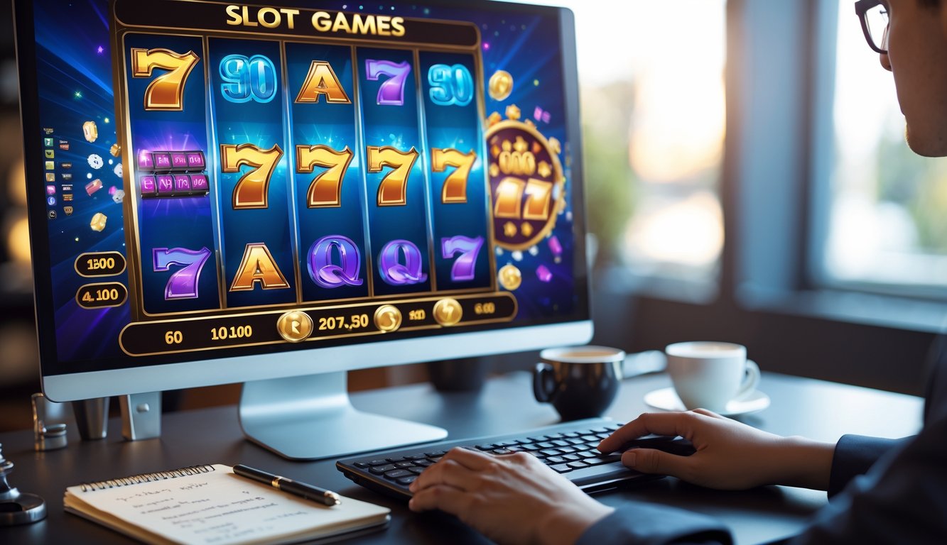 Seseorang bermain permainan slot online di komputer dengan suasana kerja yang fokus dan rapi.