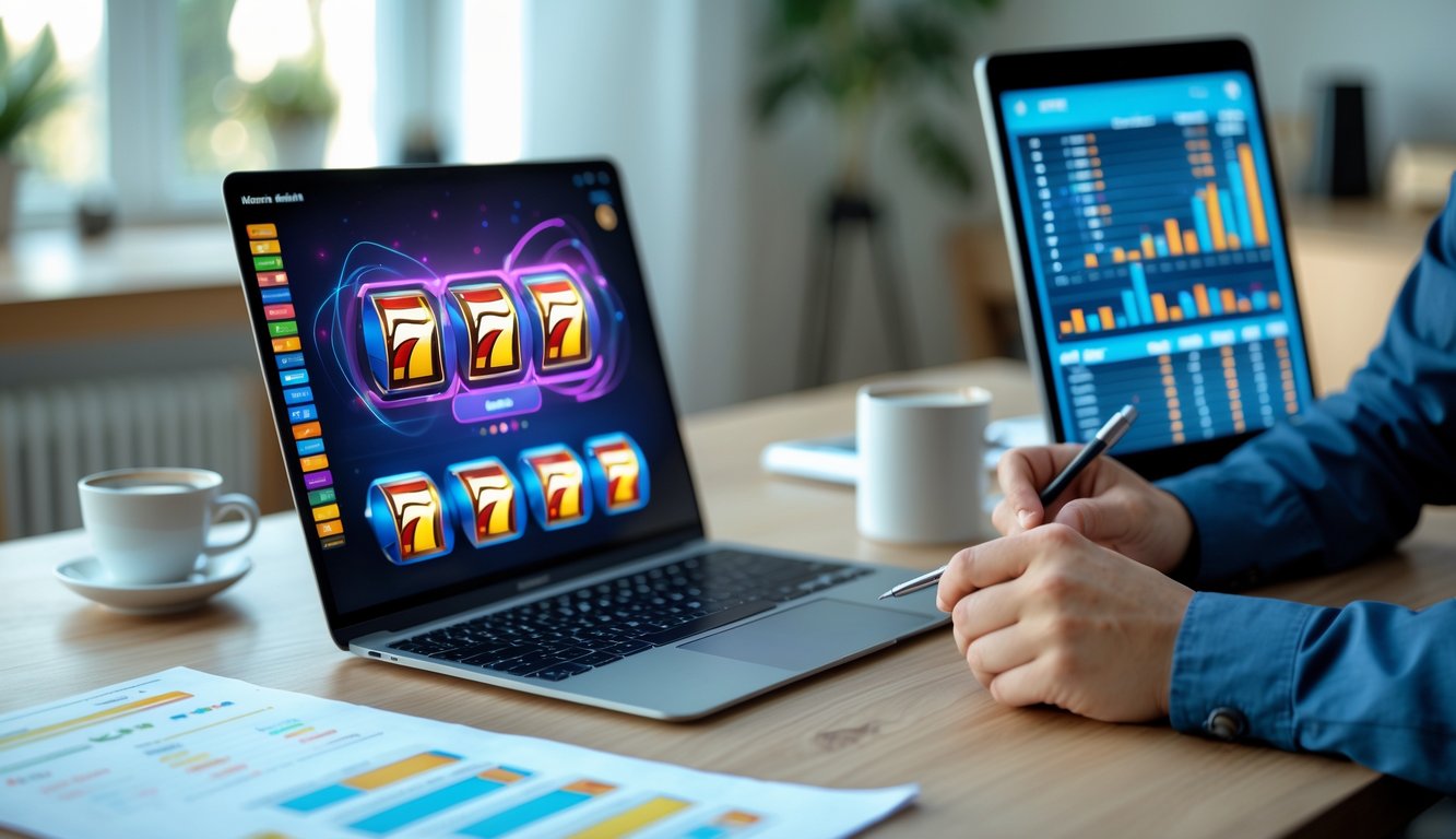 Seorang wanita muda duduk di meja kerja dengan laptop yang menampilkan permainan slot online dan beberapa grafik, sedang menganalisis data dengan serius.
