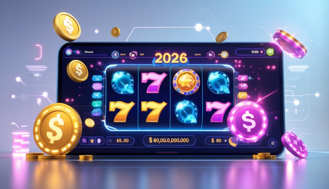 Tampilan layar perangkat dengan permainan slot online berwarna-warni dan ikon bonus di sekitarnya.