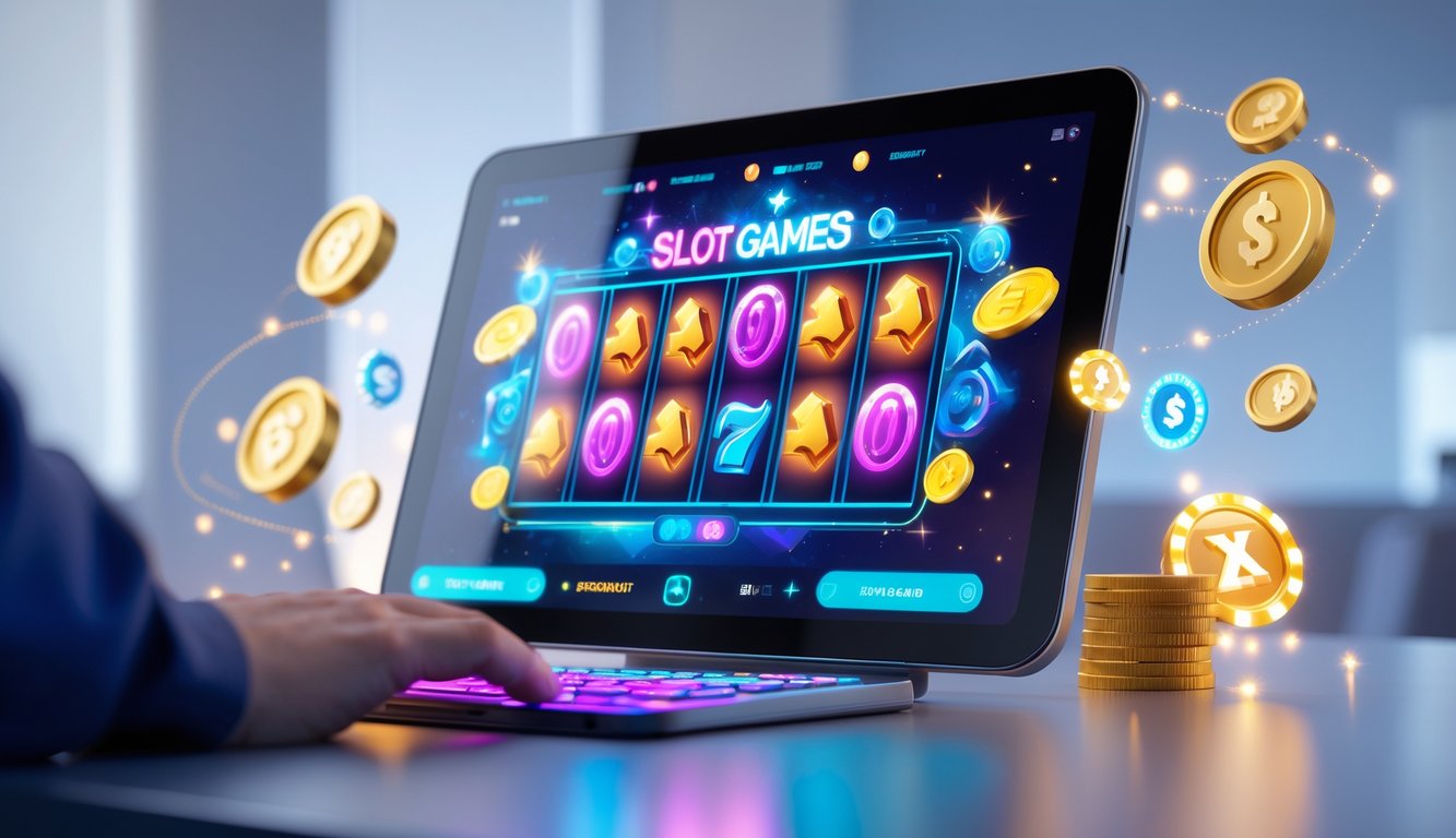 Layar perangkat digital menampilkan permainan slot online dengan simbol warna-warni dan koin bersinar di sekitarnya.