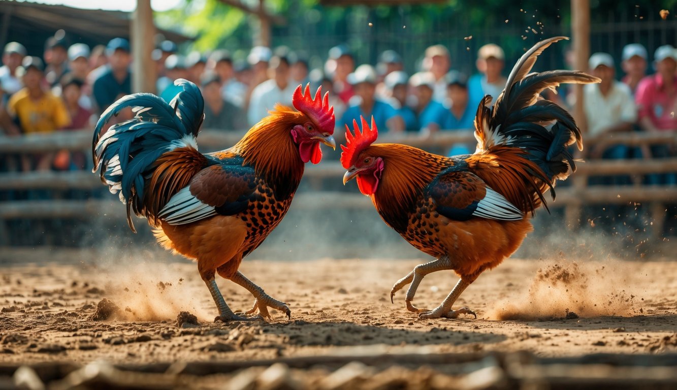 Dua ayam jago sedang bertarung di arena luar ruangan dengan penonton di latar belakang.