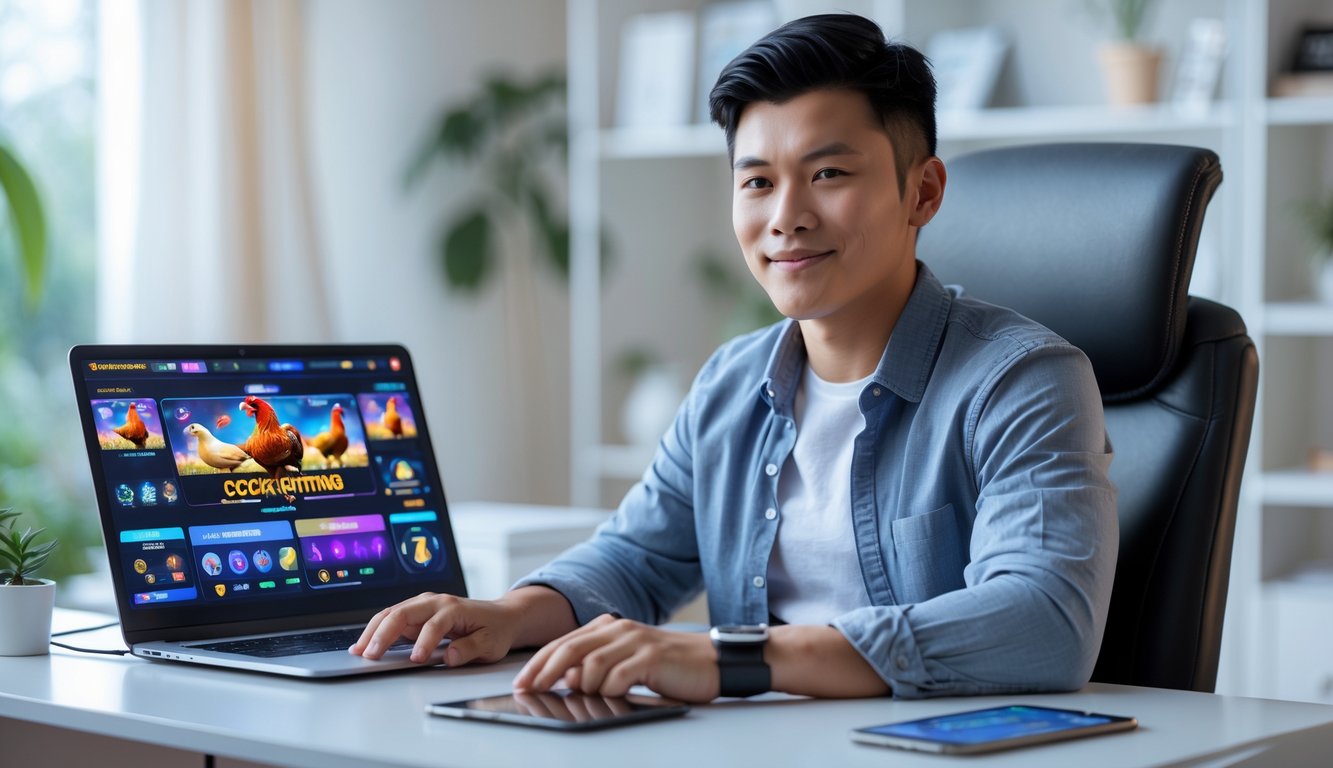Seorang pria muda duduk di meja dengan laptop dan ponsel yang menampilkan permainan sabung ayam online, terlihat fokus dan nyaman di ruang kerja rumah yang terang dan rapi.