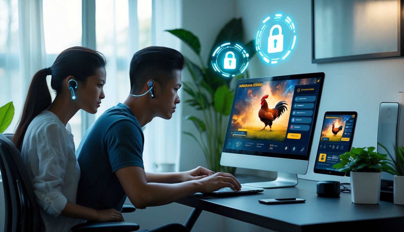 Dua orang muda sedang fokus bermain game sabung ayam Filipina secara online di depan laptop di ruang kerja modern.