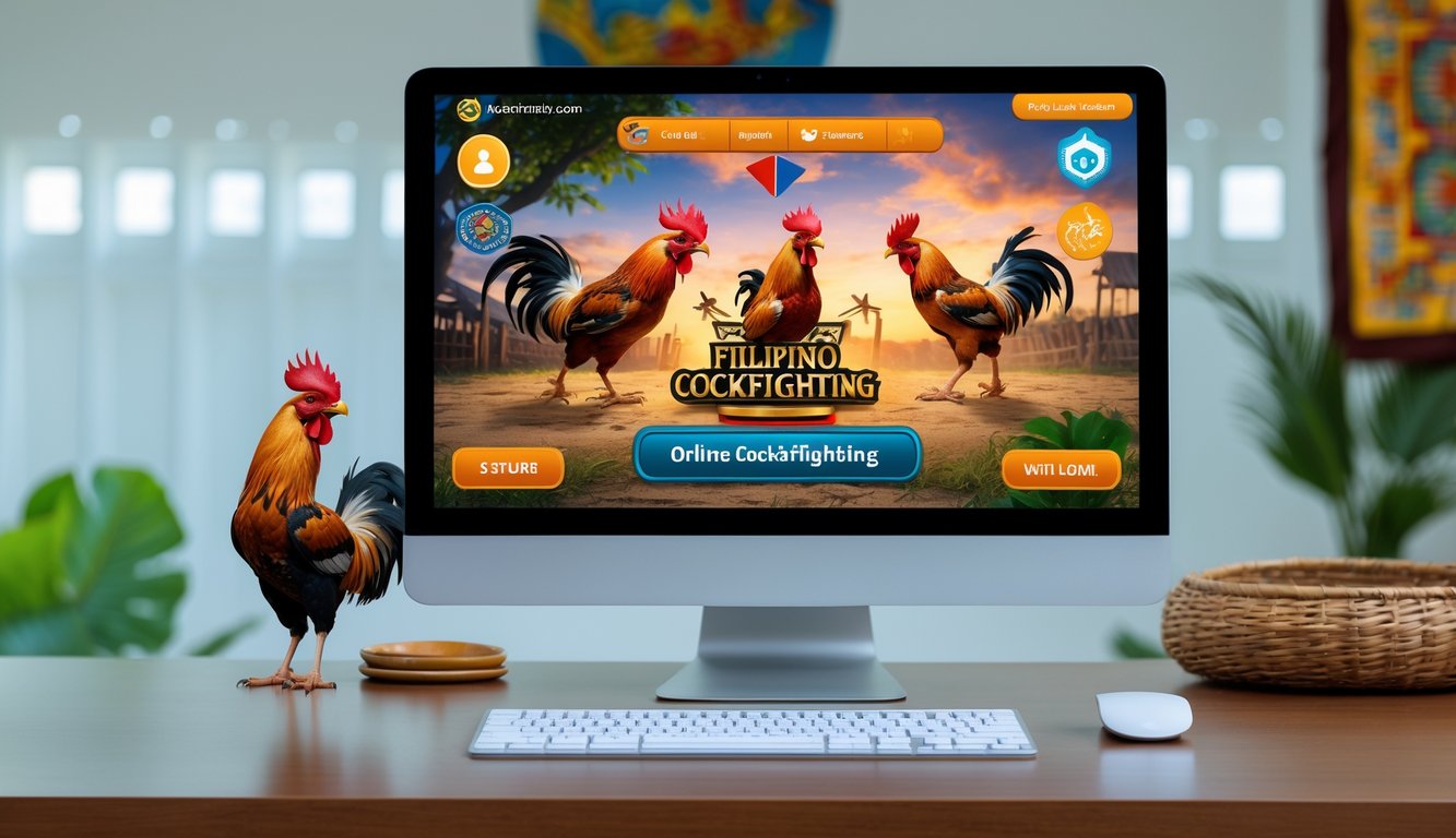 Seorang pemain menggunakan komputer untuk bermain permainan sabung ayam Filipina secara online di ruangan dengan dekorasi tradisional Filipina.