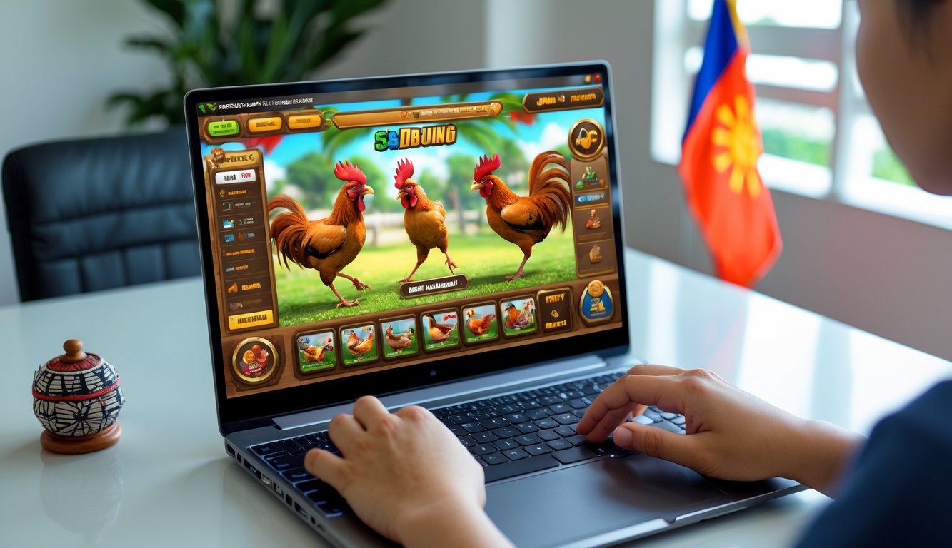 Seseorang menggunakan komputer dengan layar menampilkan permainan sabung ayam Filipina secara online di ruang kerja yang rapi dan terang.