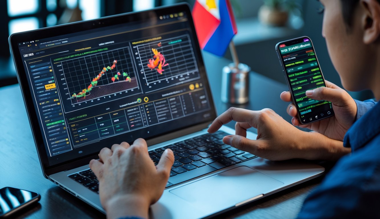 Seorang pria sedang menganalisis data di laptop dan smartphone tentang pertandingan sabung ayam online dengan latar belakang elemen budaya Filipina.