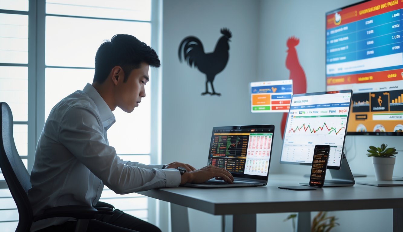 Seorang pria muda sedang duduk di meja dengan beberapa perangkat digital, fokus menganalisis data tentang sabung ayam Filipina secara online.