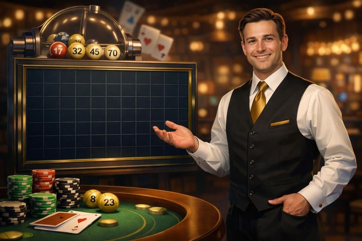 A Casino Dealer Standing Next To A Keno Game Board With Numbered Balls And Chips In A Casino Setting.
