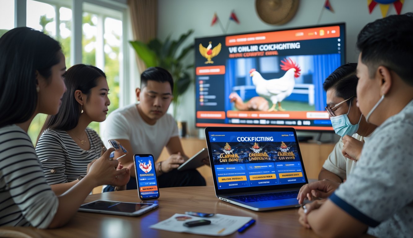 Beberapa orang menonton acara sabung ayam secara online di ruang tamu dengan televisi, laptop, dan ponsel.