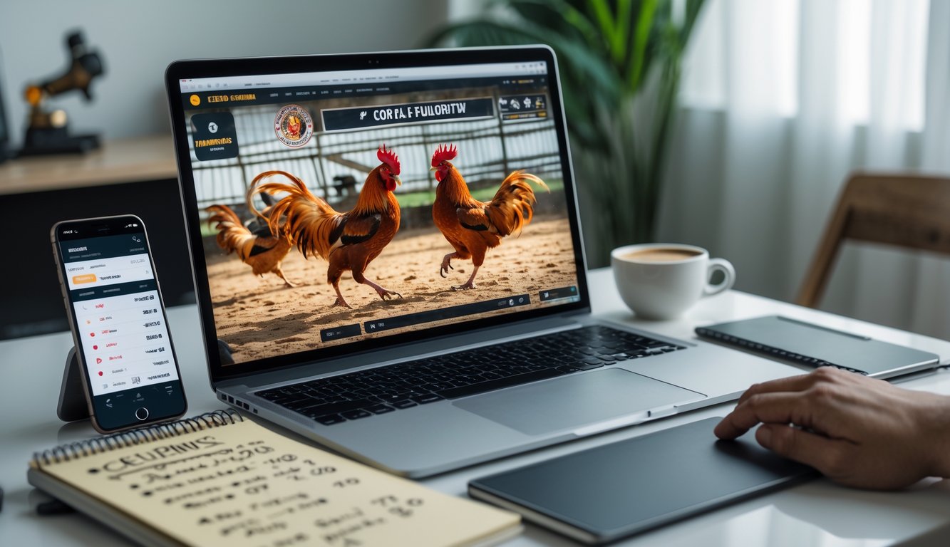 Seseorang menonton siaran langsung sabung ayam Filipina di komputer dengan ponsel dan catatan jadwal di meja.