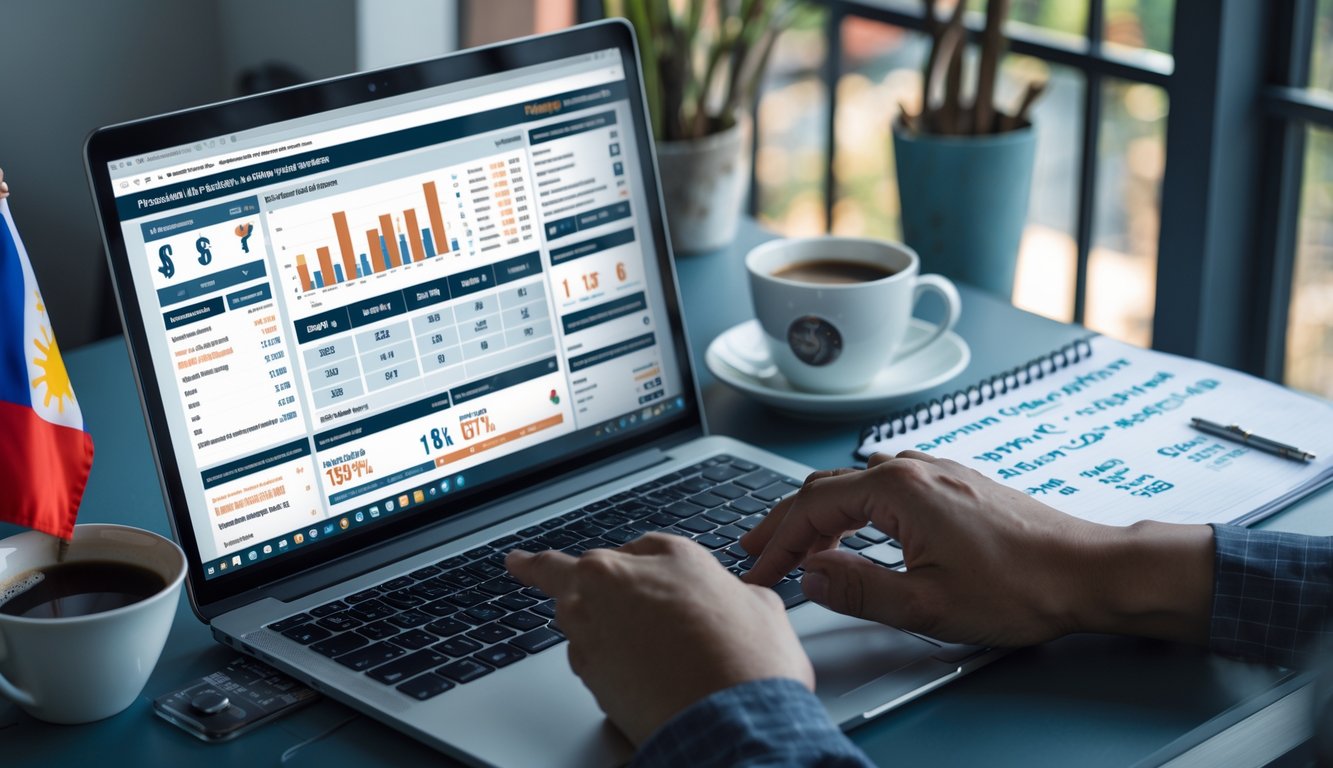 Meja kerja dengan laptop yang menampilkan situs taruhan online sabung ayam Filipina, tangan orang sedang menggunakan laptop, terdapat bendera kecil Filipina di meja.