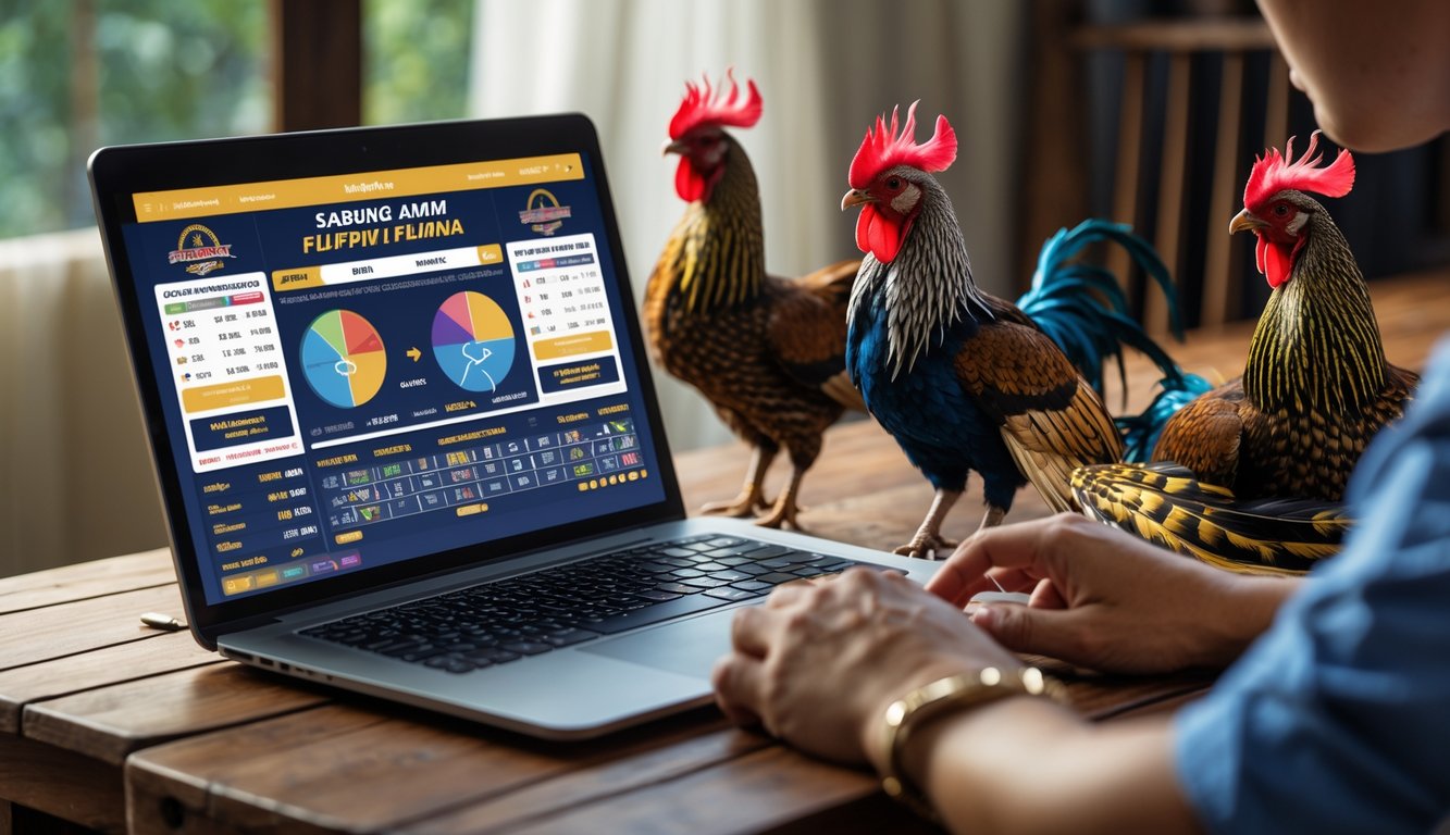 Seorang pria menggunakan laptop dengan layar menampilkan data taruhan sabung ayam Filipina, di meja terdapat ayam jago berwarna-warni, suasana fokus dan serius.