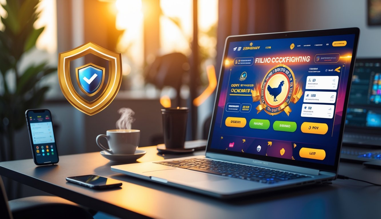 Seorang pengguna duduk di depan komputer dengan layar menampilkan platform sabung ayam Filipina online, di ruang kerja yang nyaman dan terang.