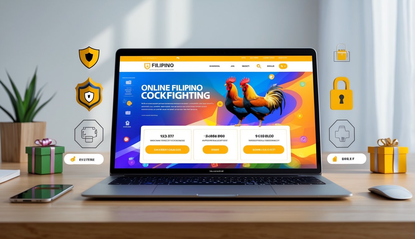 Seorang pengguna duduk di depan laptop yang menampilkan situs sabung ayam Filipina dengan elemen keamanan dan bonus menarik di meja kerja yang rapi.