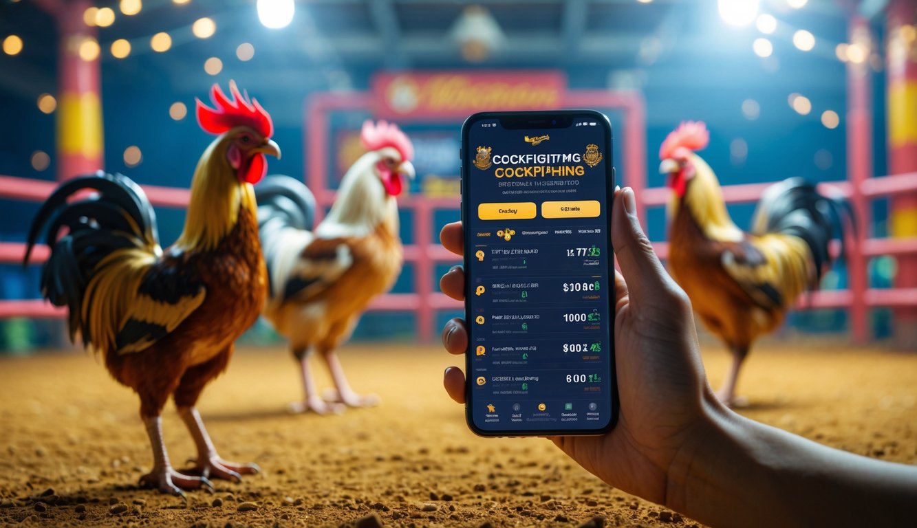 Tangan memegang ponsel yang menampilkan aplikasi sabung ayam dengan latar belakang ayam jago dalam kandang.