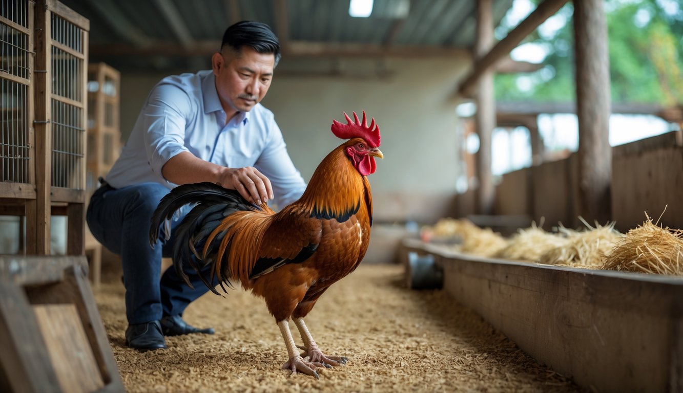 Seorang pria sedang memeriksa ayam jago dengan teliti di sebuah kandang ayam yang terang dan bersih.