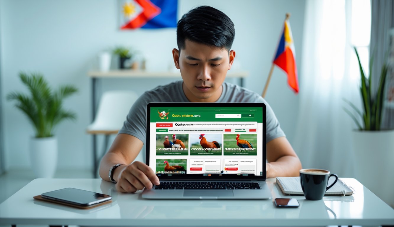 Seorang pria muda duduk di meja dengan laptop dan smartphone, fokus melihat layar komputer di ruangan terang.