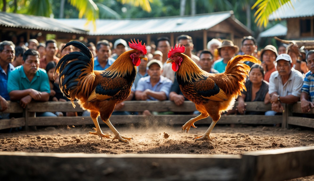 Dua ayam jago sedang bertarung di arena sabung ayam dengan penonton yang memperhatikan dengan serius di latar belakang.
