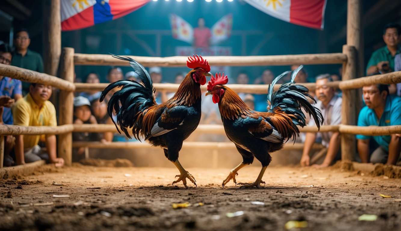 Dua ayam jago bertarung di arena sabung ayam dengan penonton yang menonton melalui perangkat digital.
