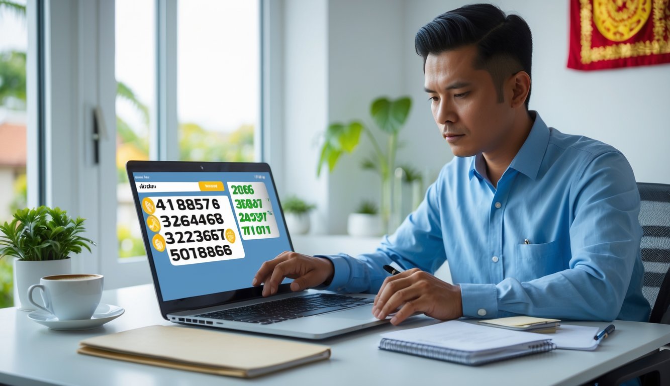 Seorang pria duduk di meja kerja dengan laptop, memeriksa angka togel dan tampak fokus di ruang kerja yang terang.