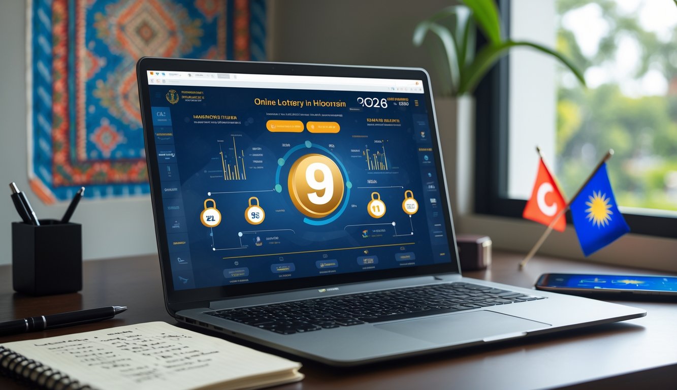 Meja kerja dengan laptop, buku catatan, dan ponsel yang menampilkan grafik dan angka terkait togel online di Indonesia.