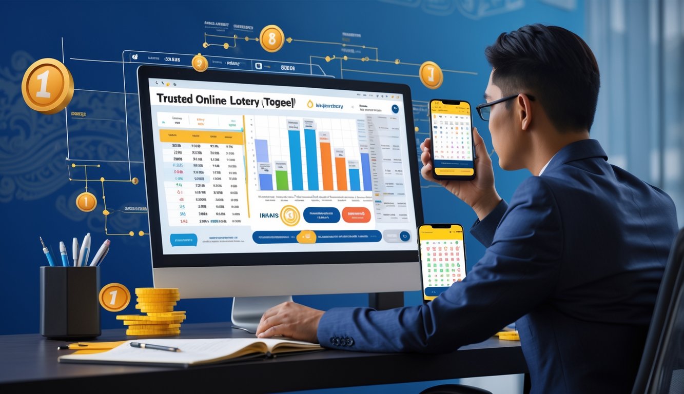Seseorang sedang menganalisis data di depan komputer dengan catatan dan ponsel di meja, menggambarkan strategi dan prediksi togel online di Indonesia.