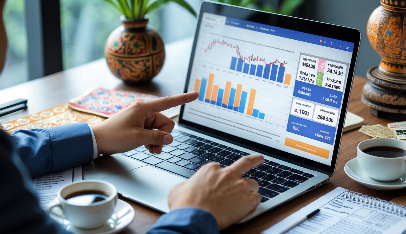 Sebuah meja kerja dengan laptop menampilkan grafik dan angka togel, tangan menunjuk layar, di sekitar meja terdapat catatan dan cangkir kopi, dengan ornamen kecil khas Indonesia di latar belakang.