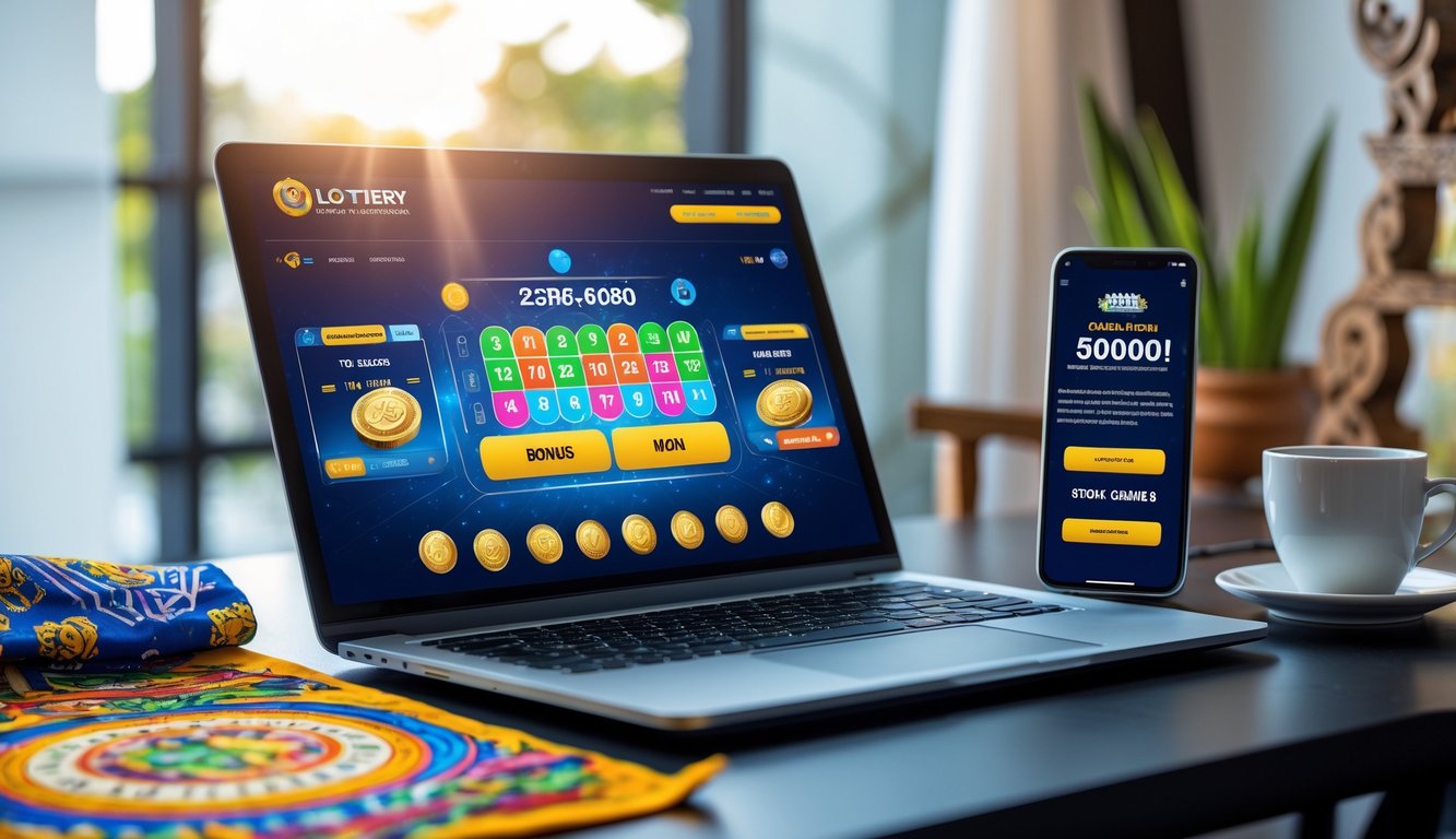 Meja kerja modern dengan laptop dan ponsel yang menampilkan situs togel online, kopi, dan dekorasi tradisional Indonesia.