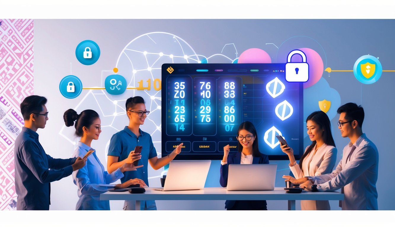 Sekelompok orang menggunakan perangkat digital dengan latar belakang elemen budaya Indonesia dan simbol keamanan digital.