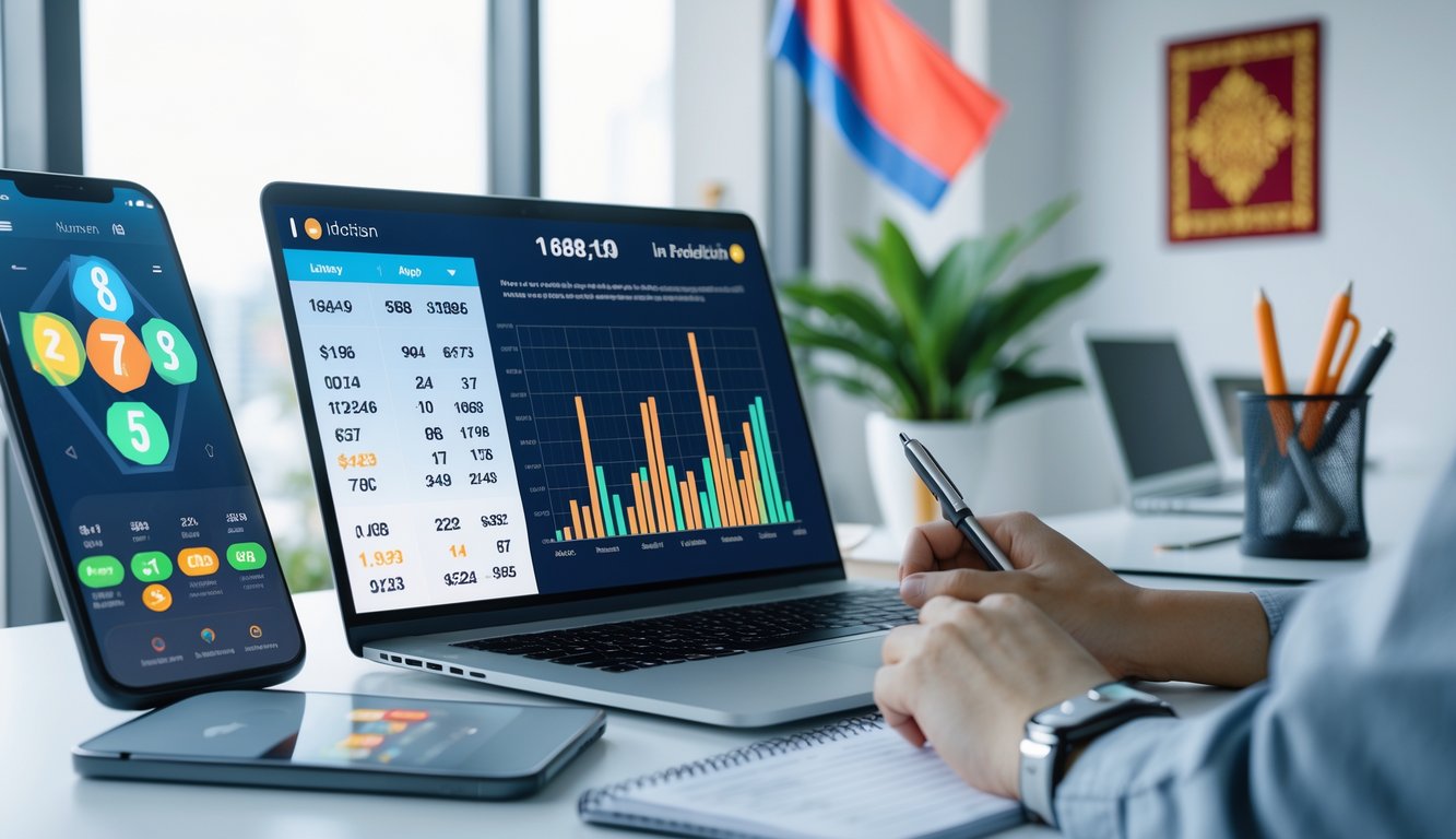 Seseorang sedang menganalisis data angka di laptop dan mencatat dengan pena di meja kerja yang rapi.