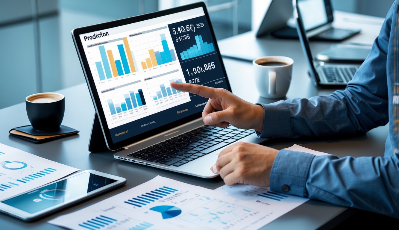 Meja kerja dengan perangkat digital dan dokumen berisi data dan grafik, seseorang sedang menganalisis angka di lingkungan kantor yang rapi.