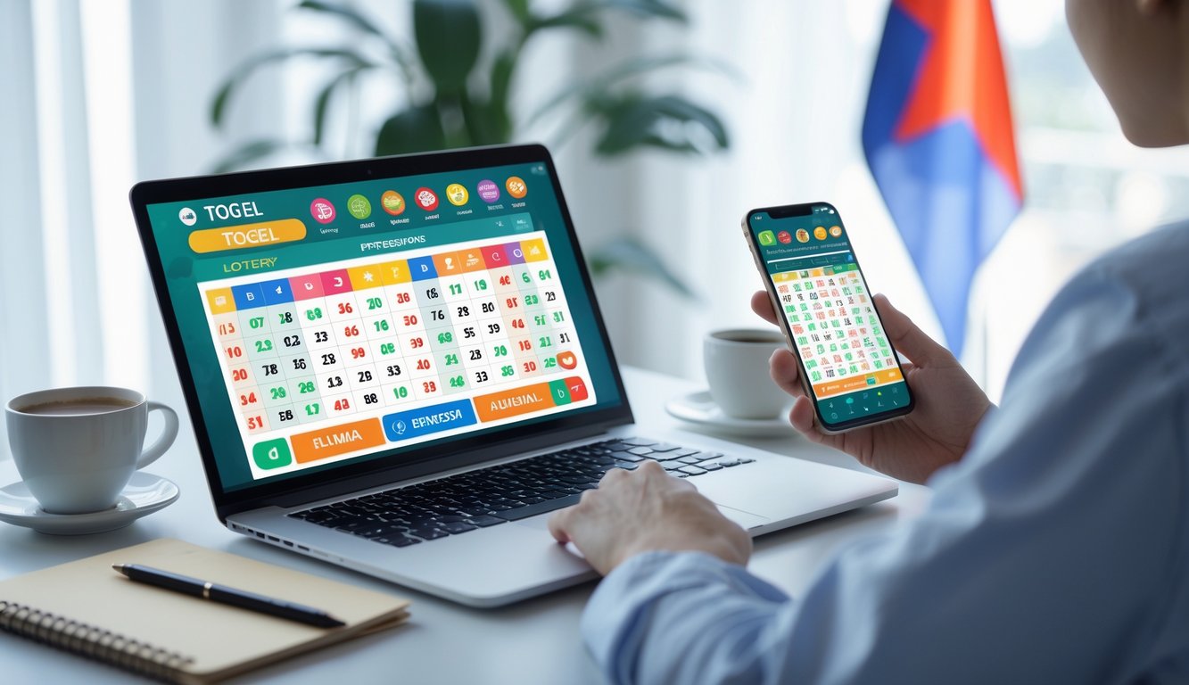 Seseorang menggunakan laptop dan ponsel di meja kerja dengan tampilan angka togel dan antarmuka taruhan online.