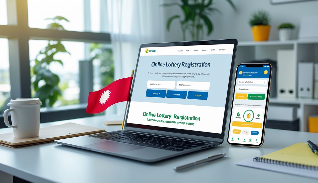 Sebuah ruang kerja modern dengan laptop dan ponsel yang menampilkan aplikasi pendaftaran dan taruhan togel online Indonesia, di meja terdapat kopi dan alat tulis.