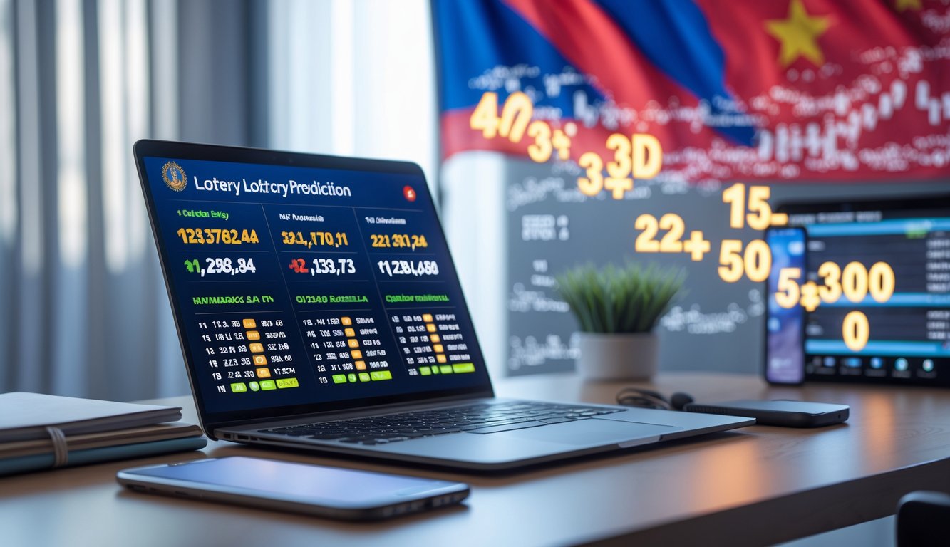 Meja kerja dengan laptop menampilkan grafik angka togel, buku catatan, dan ponsel dengan aplikasi hasil togel, dengan latar belakang bendera Indonesia.