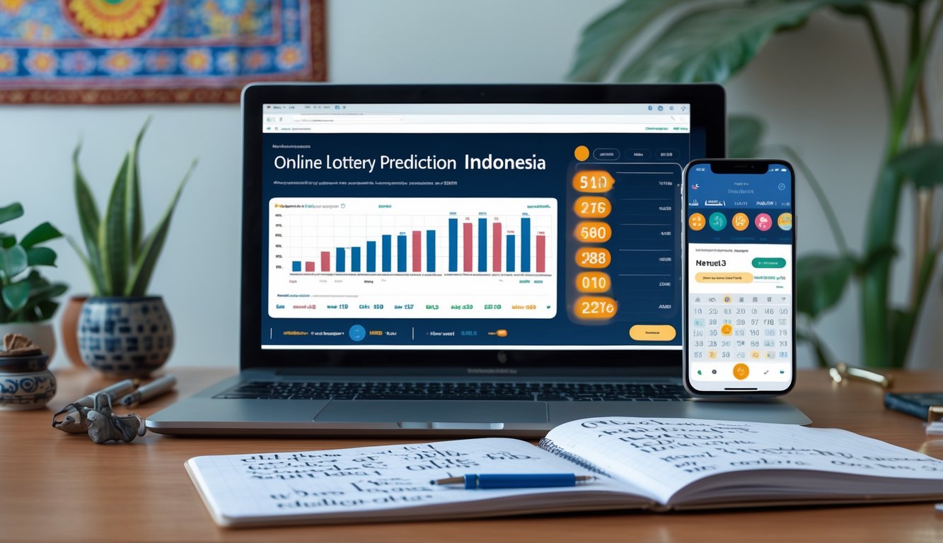 Sebuah ruang kerja modern dengan laptop, smartphone, dan buku catatan yang menunjukkan aktivitas prediksi angka togel online di Indonesia.