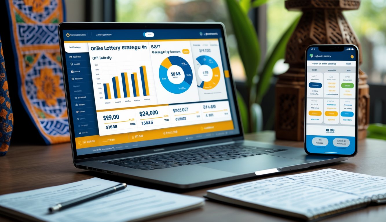 Meja kerja modern dengan laptop, ponsel, dan catatan strategi togel online Indonesia.