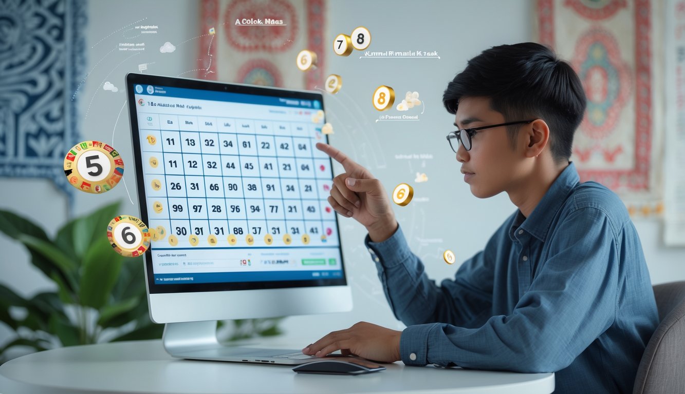 Seorang dewasa muda sedang duduk di meja dengan laptop, fokus menganalisis angka untuk strategi togel online Indonesia.