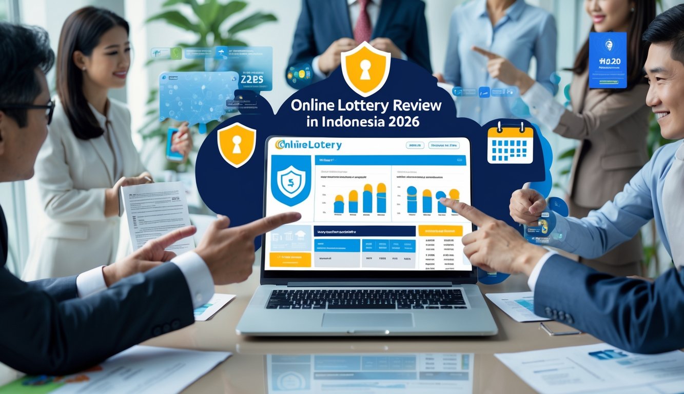 Orang-orang sedang berdiskusi di sekitar laptop yang menampilkan situs togel online Indonesia dengan simbol keamanan dan dokumen resmi di meja.