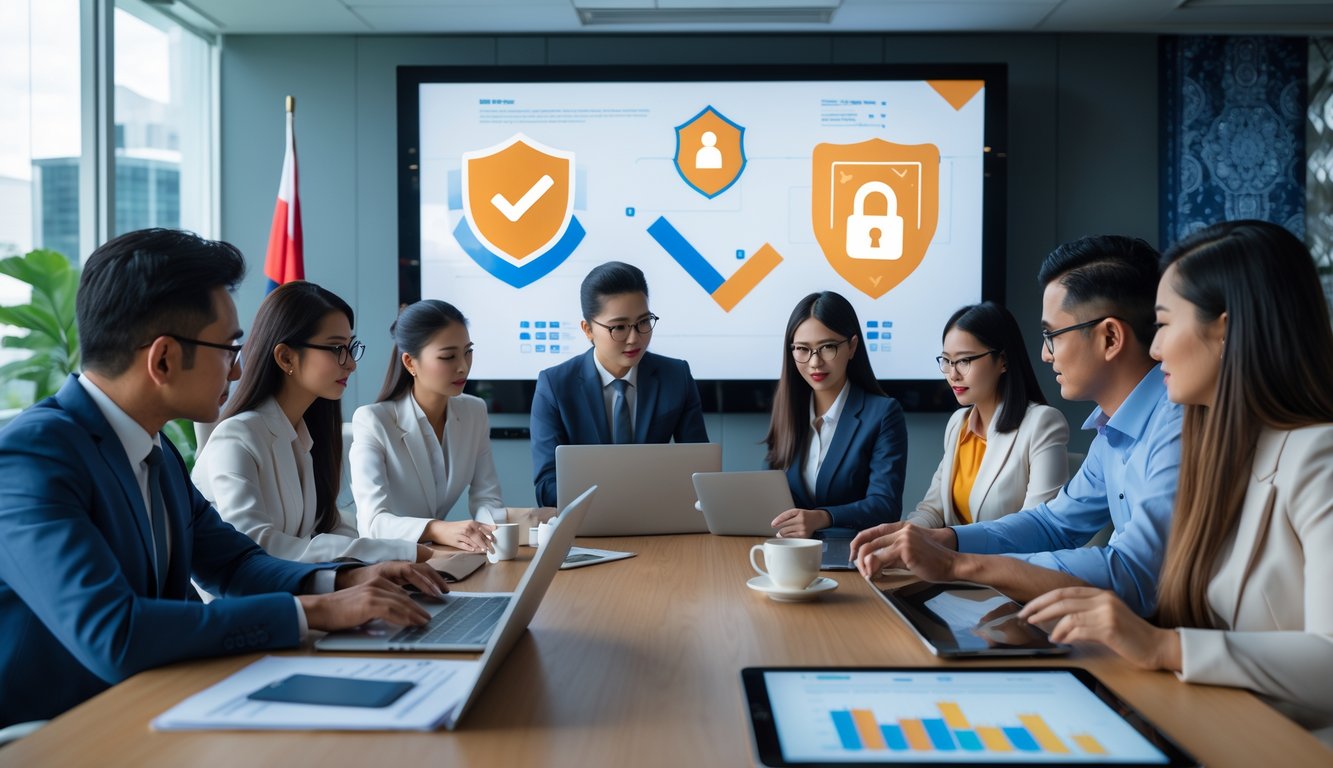 Sekelompok profesional bisnis sedang berdiskusi serius di ruang kantor modern dengan layar digital yang menampilkan simbol keamanan dan legalitas.