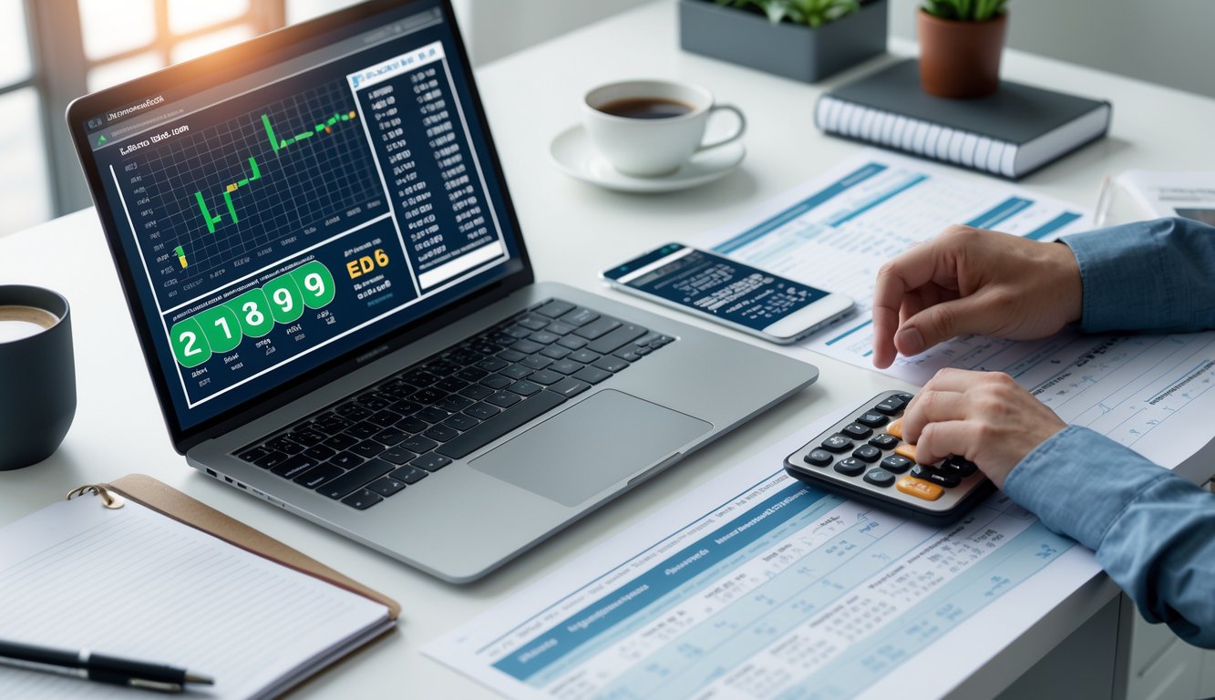 Meja kerja dengan laptop, ponsel, kalkulator, dan kertas berisi rumus serta prediksi angka togel.