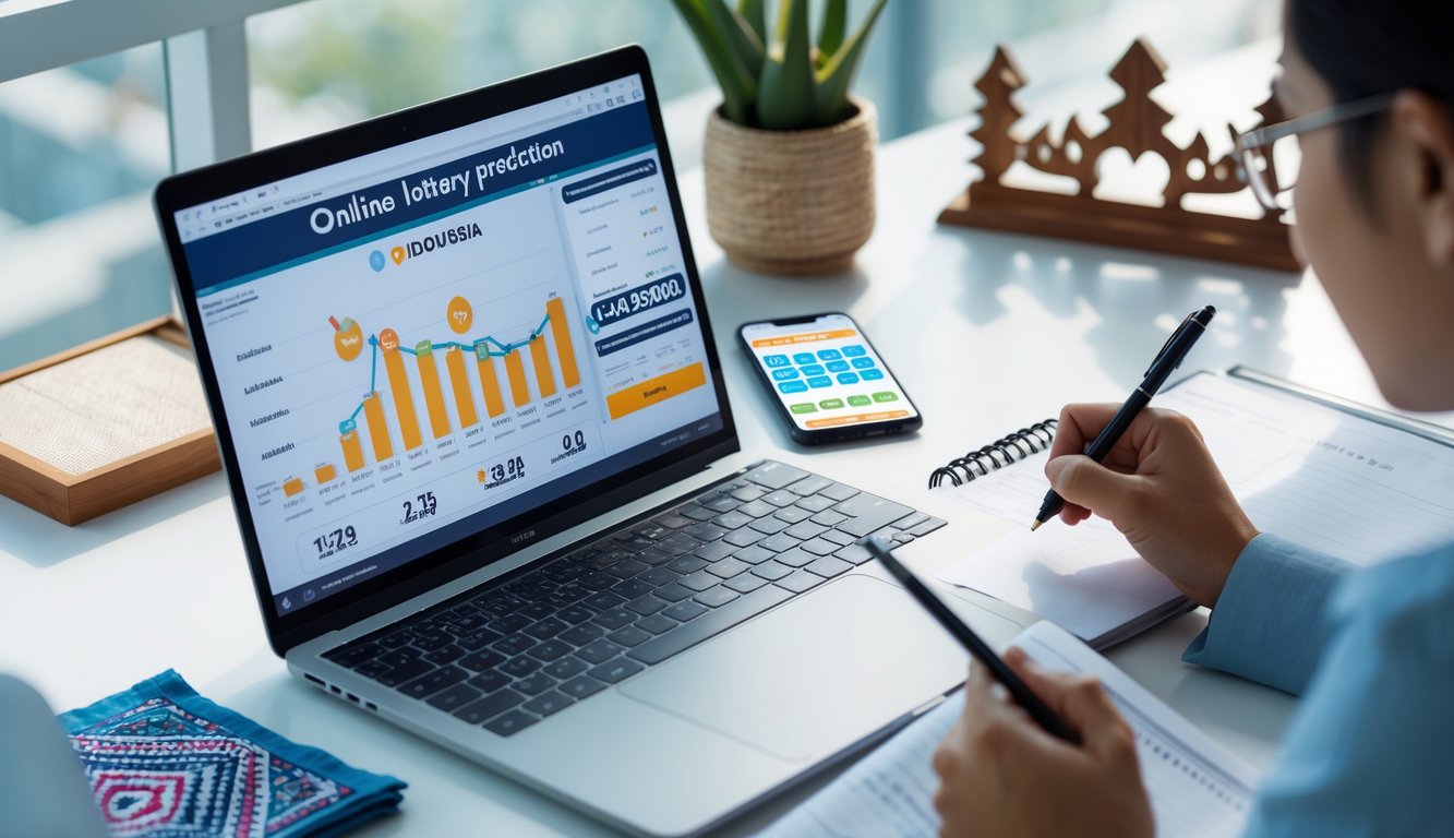 Seseorang sedang bekerja dengan laptop dan ponsel di meja yang rapi, melihat data dan angka terkait togel online Indonesia.