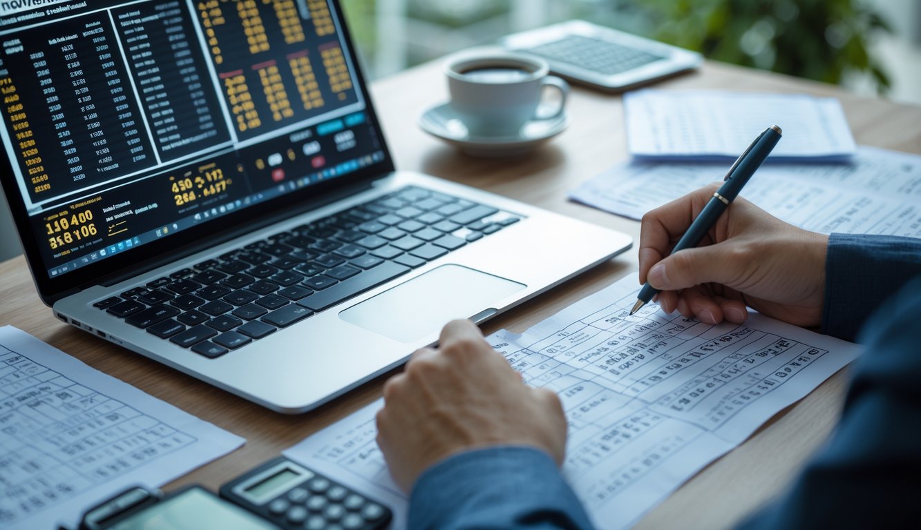 Tangan seseorang sedang menulis catatan dan menghitung angka di meja kerja dengan laptop dan kalkulator.