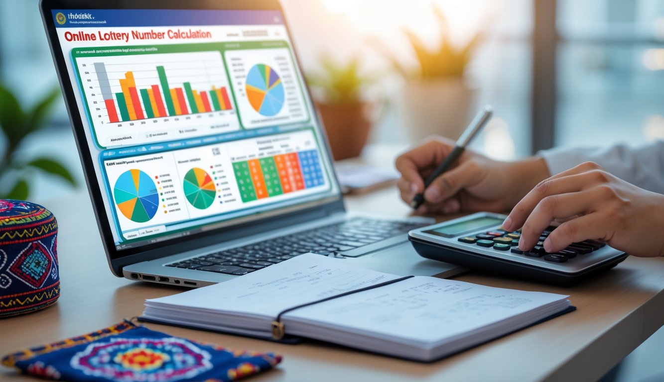 Seseorang sedang menghitung angka togel online dengan laptop, kalkulator, dan catatan di meja kerja.