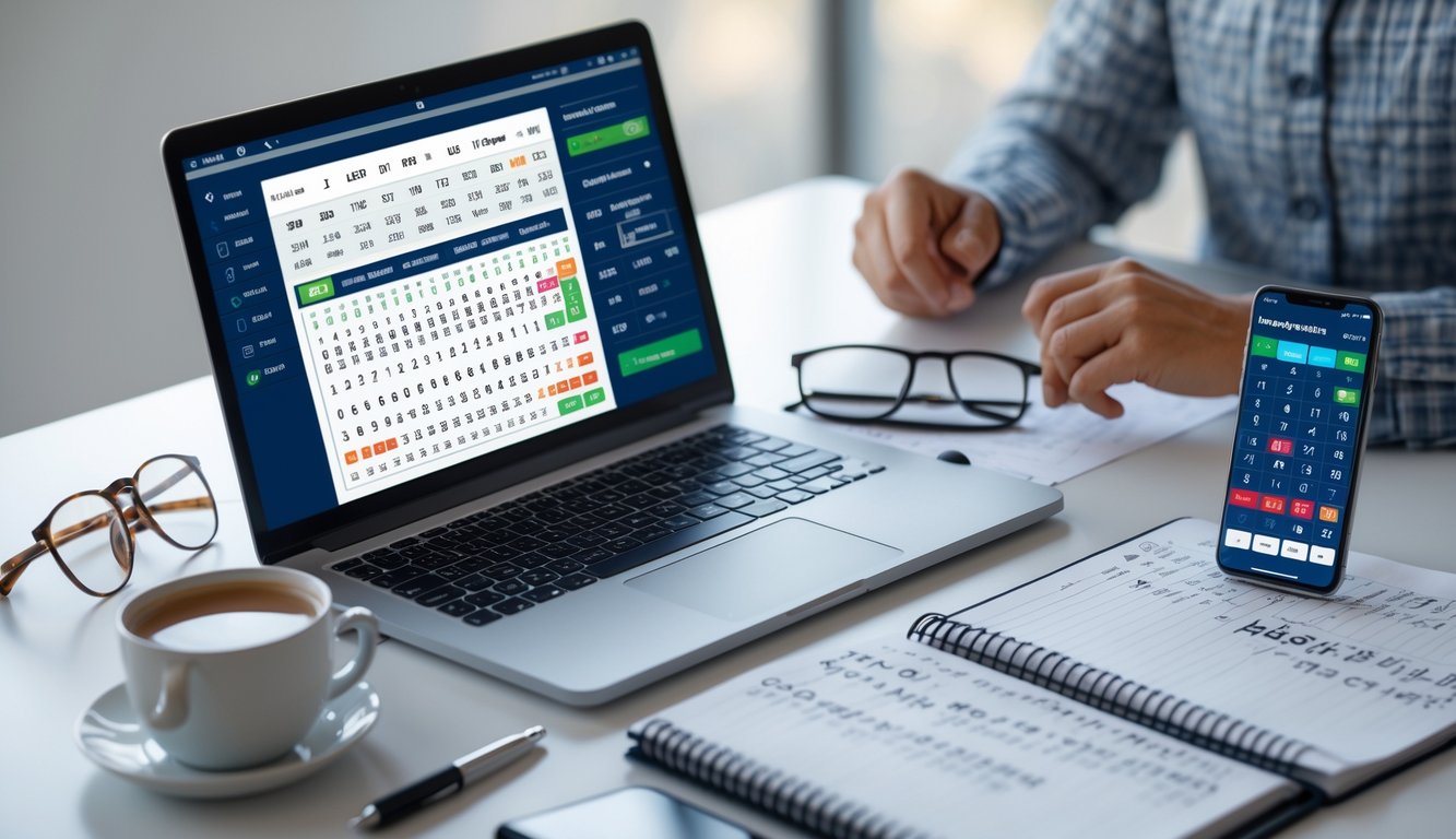 Meja kerja dengan laptop, catatan, dan ponsel yang menampilkan analisis angka togel.