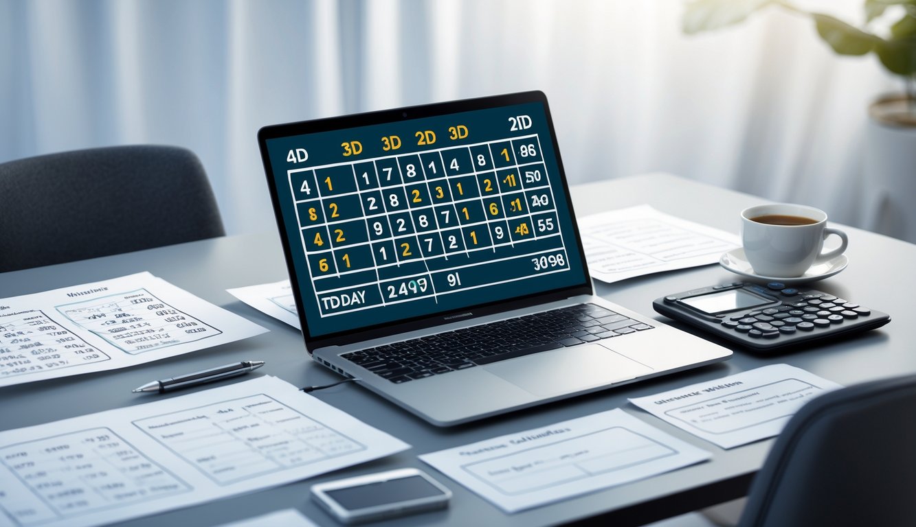 Meja kerja dengan laptop, kertas berisi angka dan kalkulator yang menunjukkan aktivitas prediksi togel hari ini.