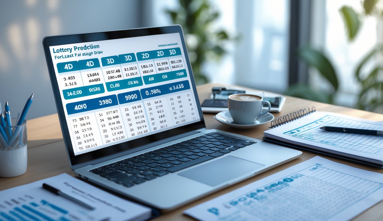 Meja kerja dengan laptop, catatan, dan alat tulis yang digunakan untuk analisis prediksi angka togel malam ini.