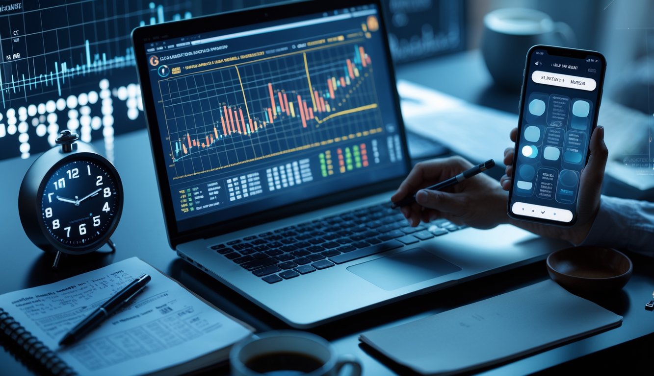 Seorang individu sedang menganalisis data angka togel malam hari di ruang kerja dengan laptop, catatan, dan perangkat digital.