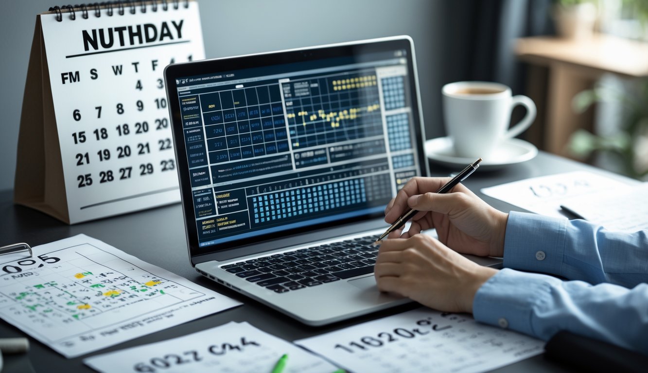 Sebuah ruang kerja modern dengan laptop, kertas berisi angka, dan seseorang yang sedang menganalisis data dengan serius.