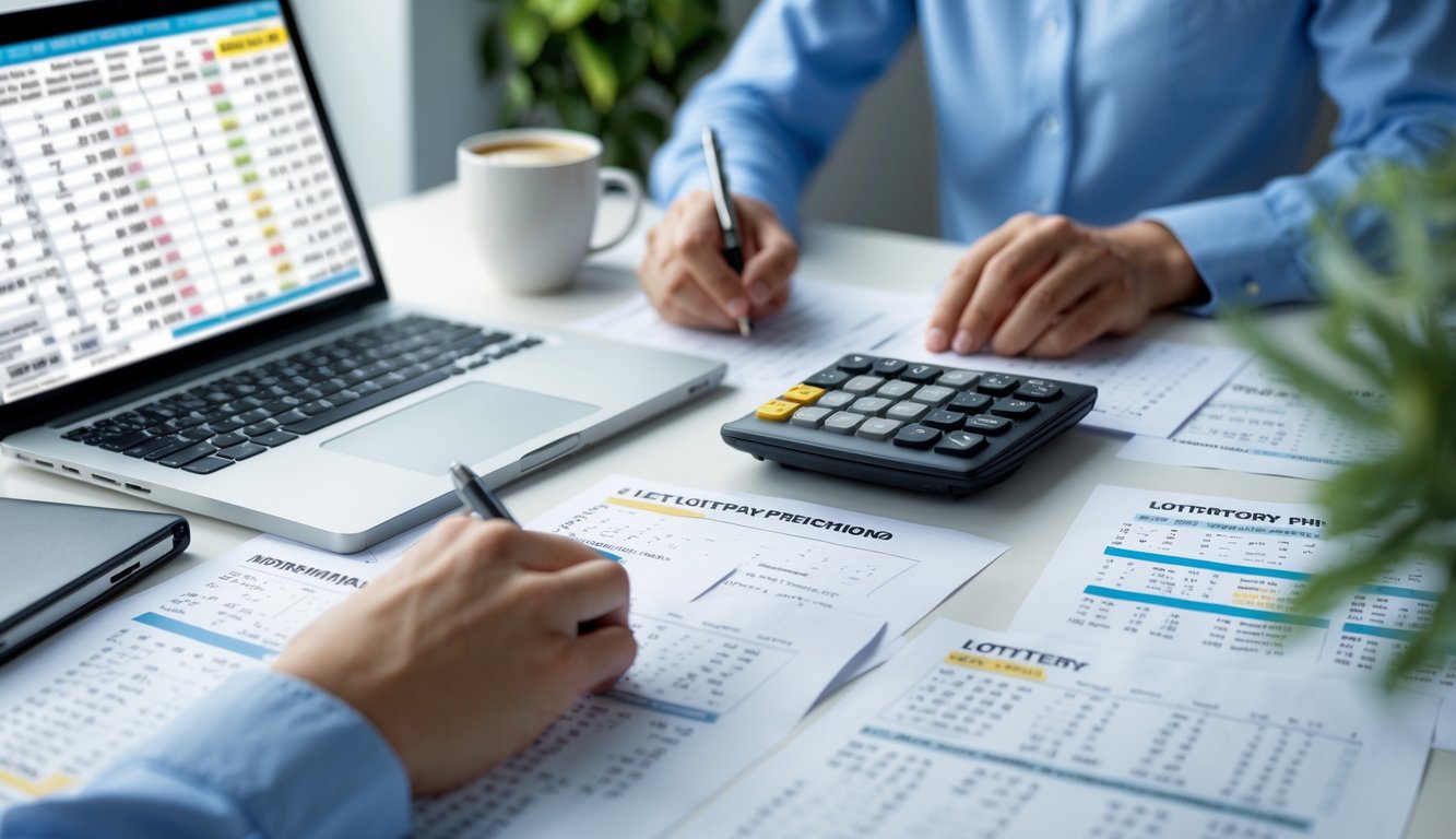 Meja kerja dengan laptop, kalkulator, dan kertas berisi angka dan rumus togel, dengan tangan seseorang sedang menulis dan menganalisis data.